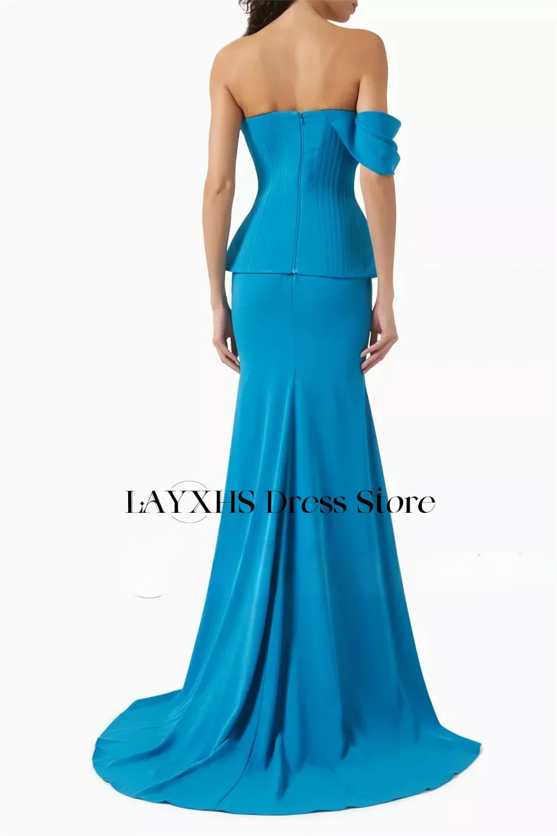 LAYXHS – robe de soirée sirène bleu lac, Simple, asymétrique épaule dénudée, dos nu, fermeture éclair, longueur au sol, robes de bal personnalisées