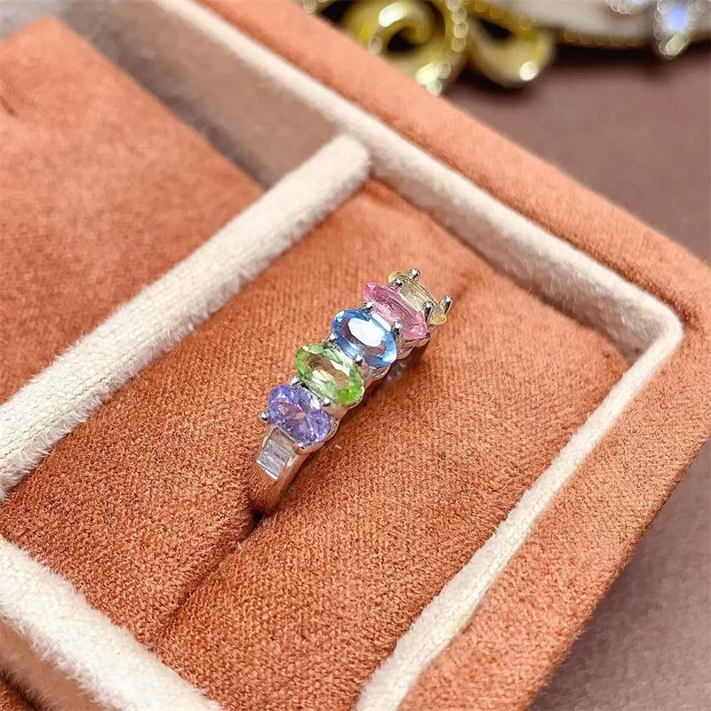 Natural Rainbow Colorful Ring S925 Sterling Silver Wedding Ring for Women Jewelry Gift with Certificate Citrine Peridot Topaz