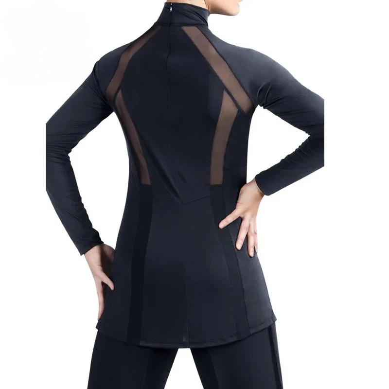 الرجال عالية الرقبة اللاتينية الرقص قمم جديد شبكة الربط المنافسة قمصان طويلة الأكمام أعلى ممارسة الرقص دعوى قاعة الرقص أزياء رقص #4