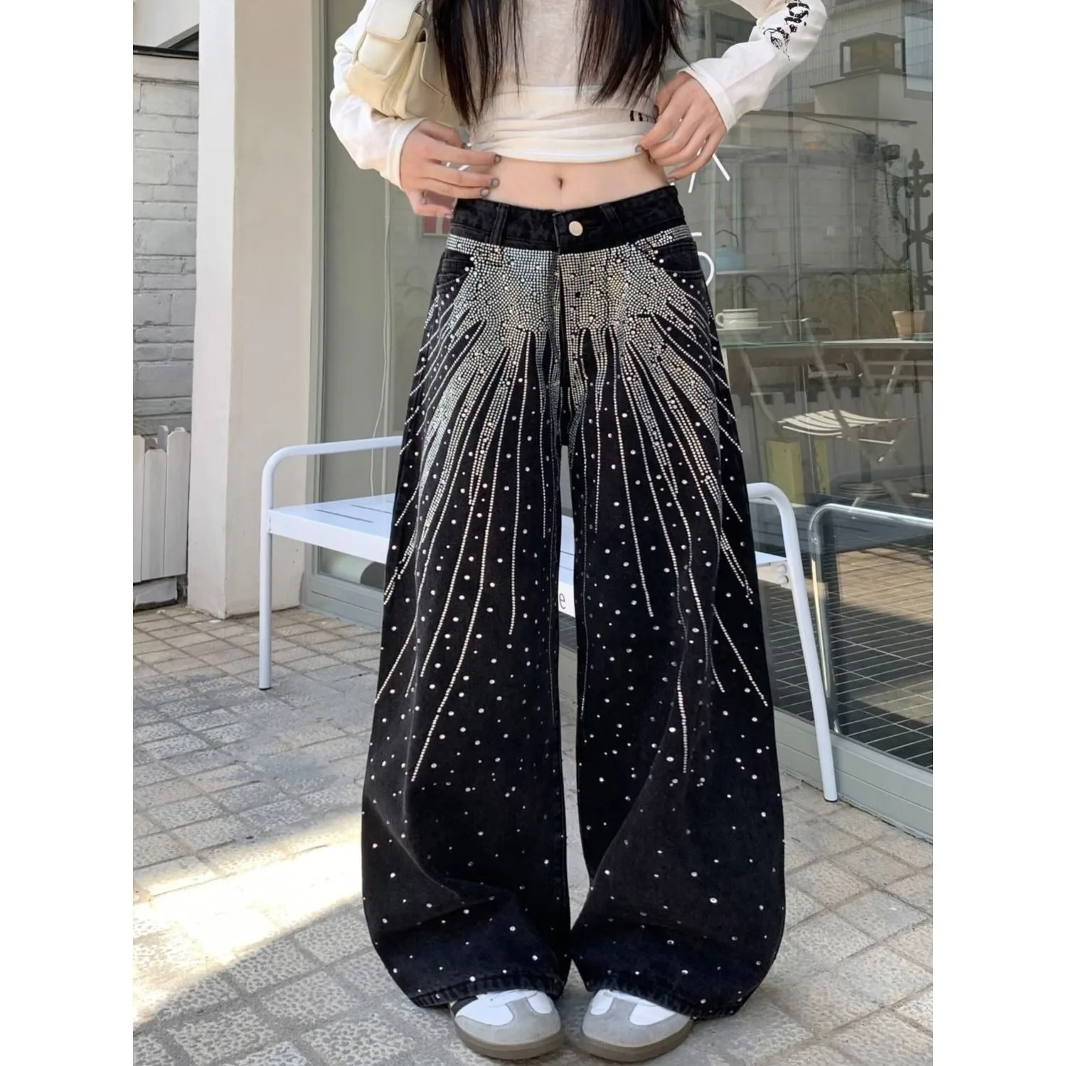 

American Style Rhinestone Jeans Women Vintage Y2K Jeans Streetwear Punk Baggy Pants Hip Pop Denim Pants Fashion Women Clothing