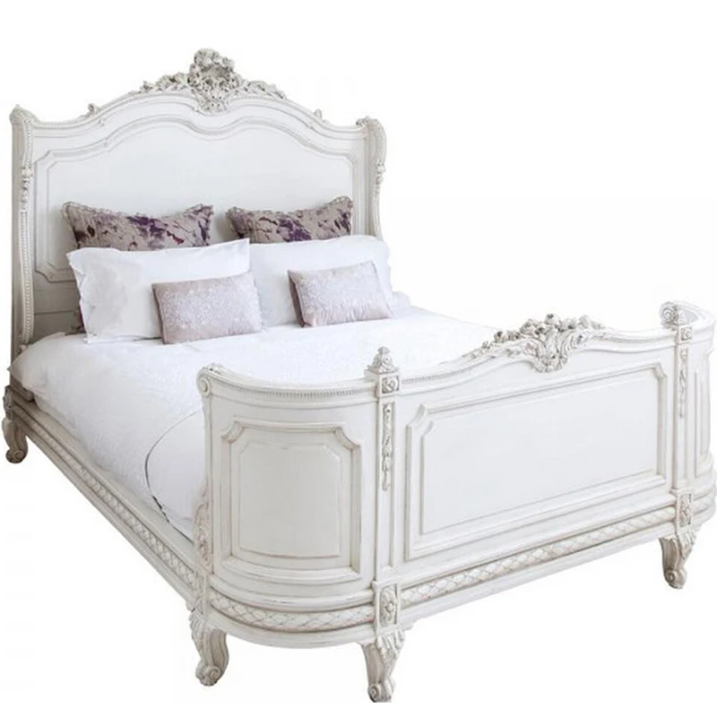 Solid wood carved white distressed high backed princess, retro 2.2 meter wedding bed, American style bedroom