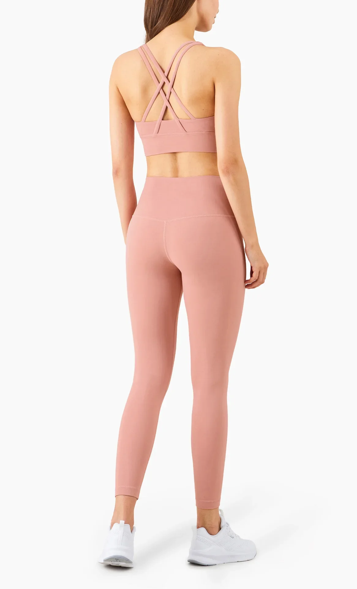 Damen Zweiteiliger Yoga-Anzug in Unifarbe, Hochintensiver Rückenfreier Yoga-BH, Hochgeschnittene Hüftlift-Leggings, Lauf- und Trainingsset – Detail 9