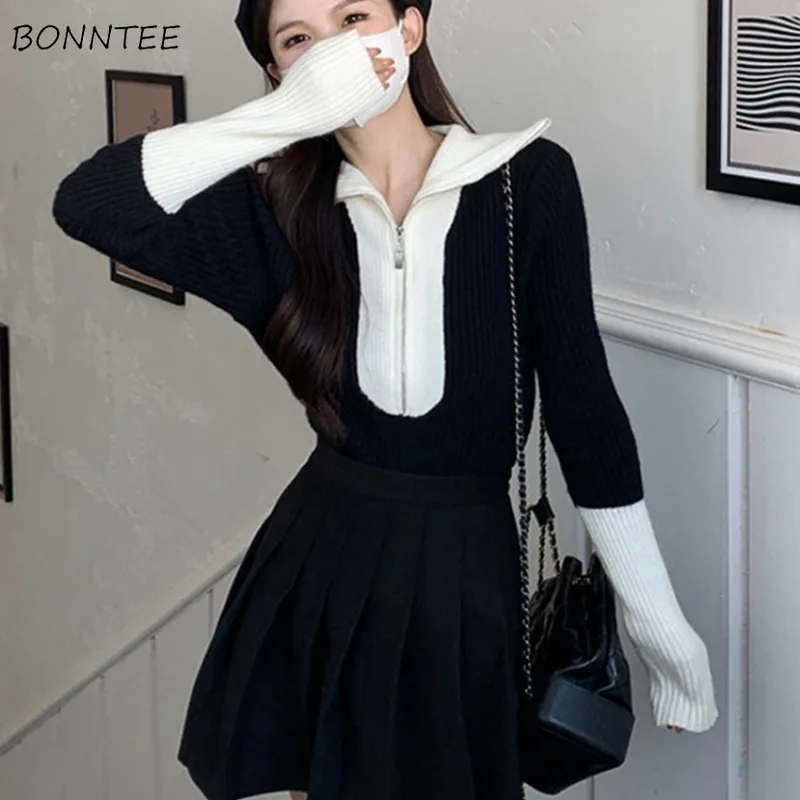 

Panelled Pullovers Women Knitted Slim Fit Turn-down Collar All-match Daily Simple Korean Fashion Autumn Inner Half-zip Design