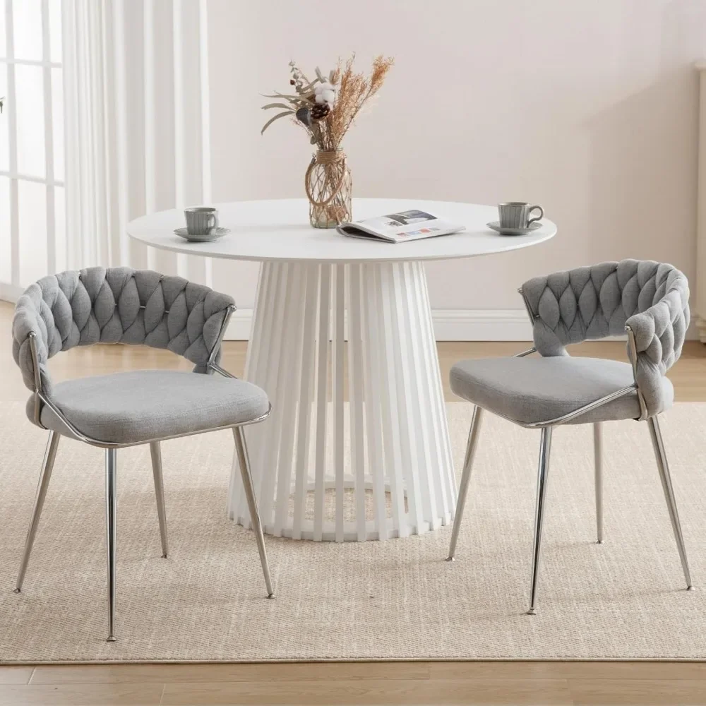 Modern Dining Chairs Set of 4 - Woven Dinings Room Chairs with Metal Legs- Linen Upholstered Accent Chair, Dining Chair Set