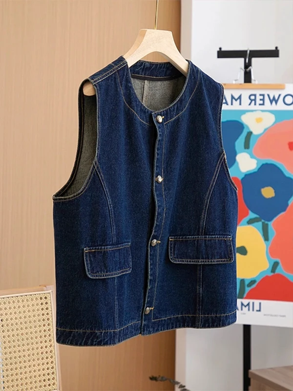 Chaleco vaquero azul japonés Retro para mujer, ropa de abrigo con capas para otoño e invierno, Top Svel, chaleco con almohadilla para el hombro de tamaño pequeño