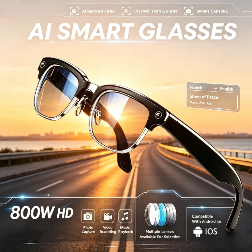 4K UHD Metal Half Frame Glasses 8MP HD Camera 4GB Memory Wi-Fi Image Transfer AI Real-Time Translation Waterproof Smart Glasses