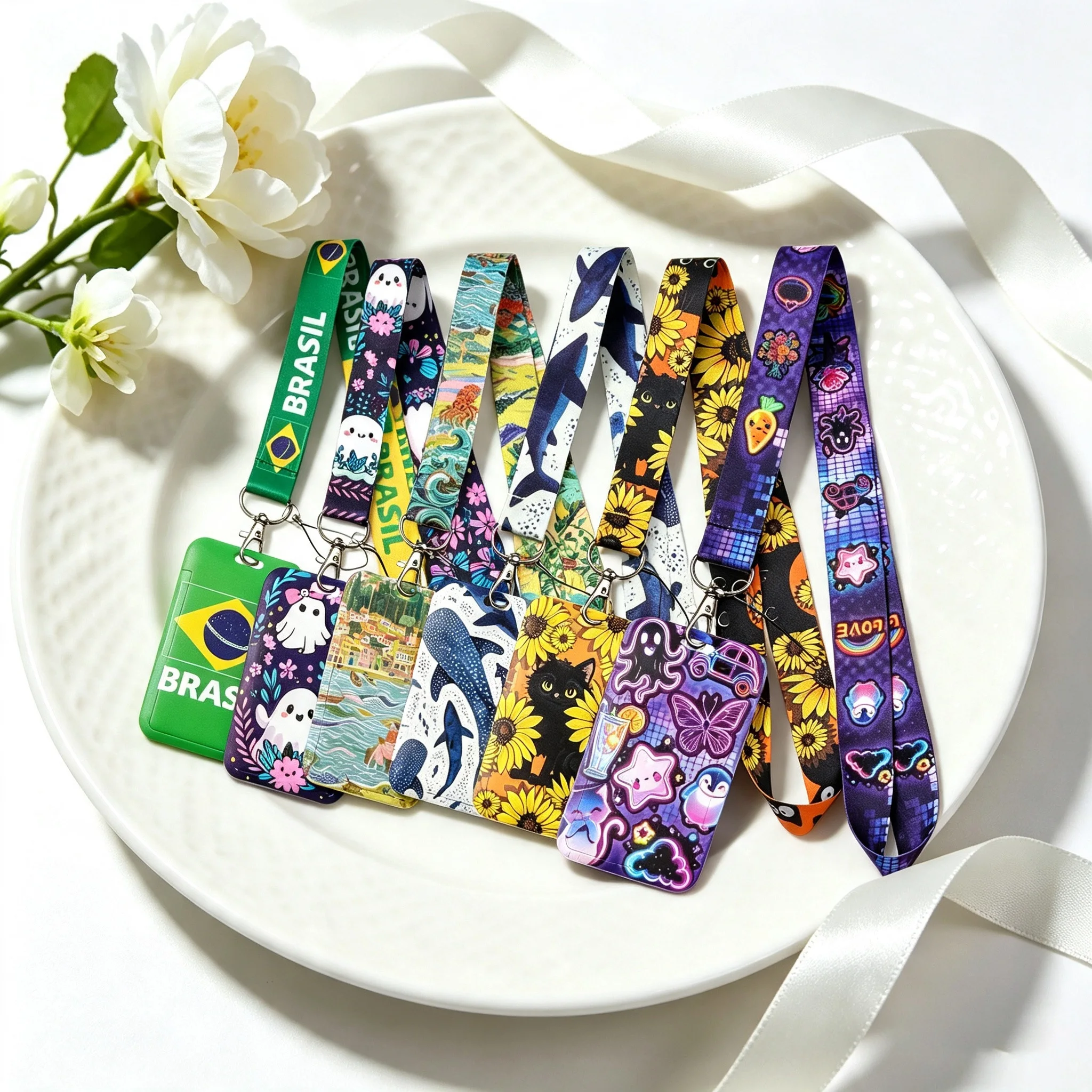 Cartoon Aesthetic ID Lanyard Card Holder Sea Creature Floral Black Cat Neon‑style Pattern Portable Daily‑use Name Tag Strap