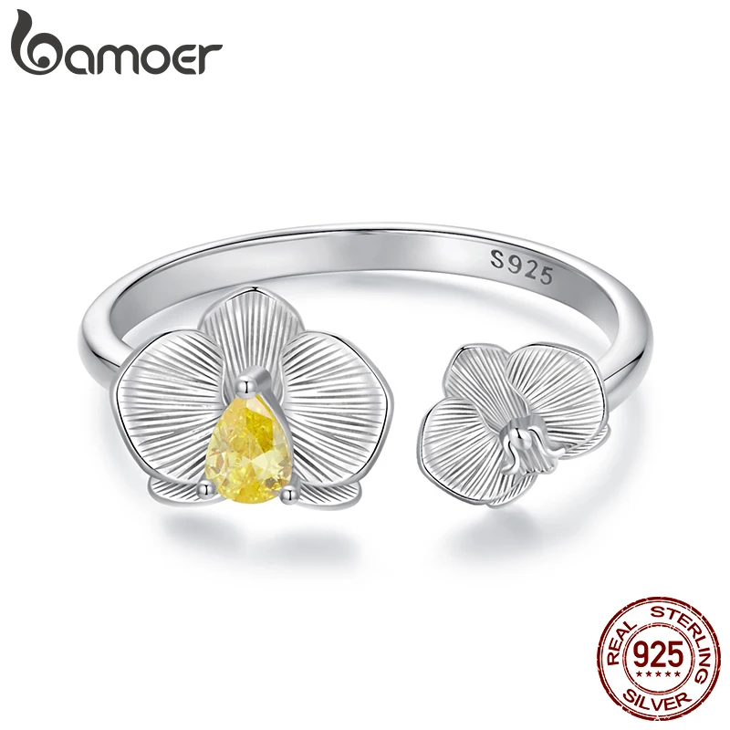 BAMOER 925 Sterling Silver Phalaenopsis Open Ring for Women, White Gold Plated Lucky Flower Jewelry Gift Fashion Birthday Gift