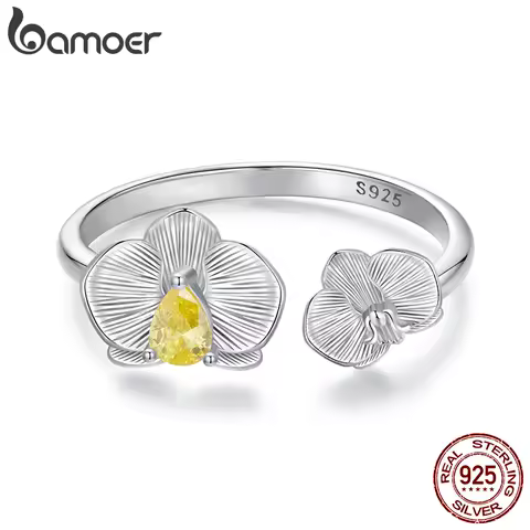 BAMOER 925 Sterling Silver Phalaenopsis Open Ring for Women, White Gold Plated Lucky Flower Jewelry Gift Fashion Birthday Gift