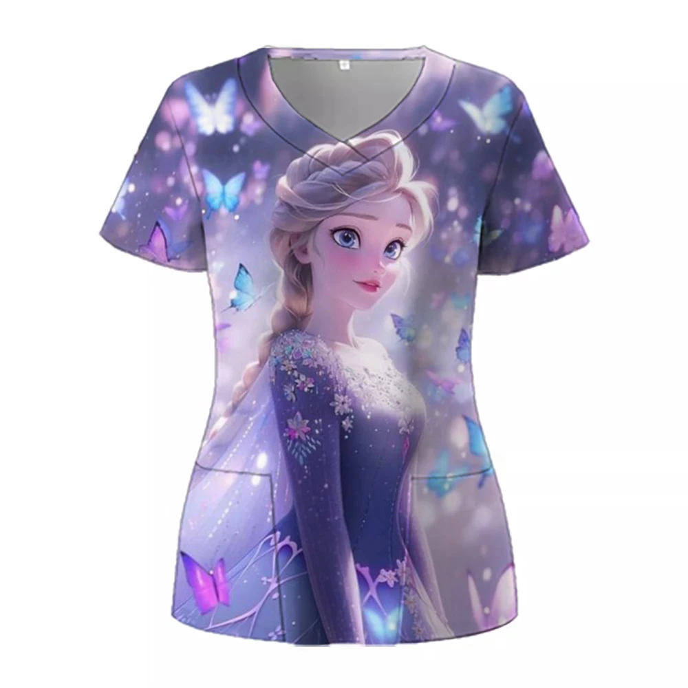 Disney Princess Pocket Women's V Neck Nurse Uniform T-Shirt Woman Clothing Summer Cheap Top New Dress S-2XL Y2k 2024 Kawaii Tops