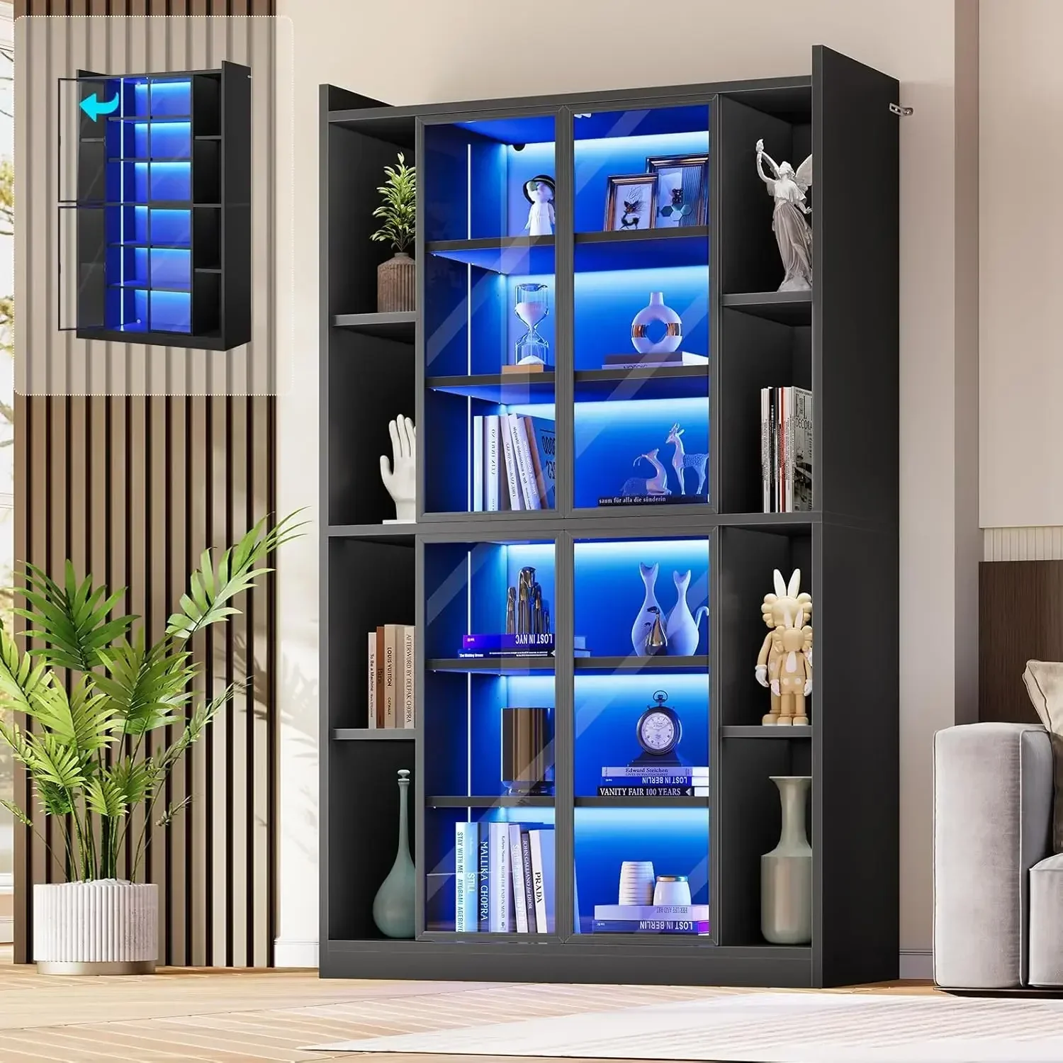 Display Cabinet Acrylic Glass Doors Collectibles Display Cases Curio Cabinet Led Lights Tall Bookcase Adjustable Shelves Black
