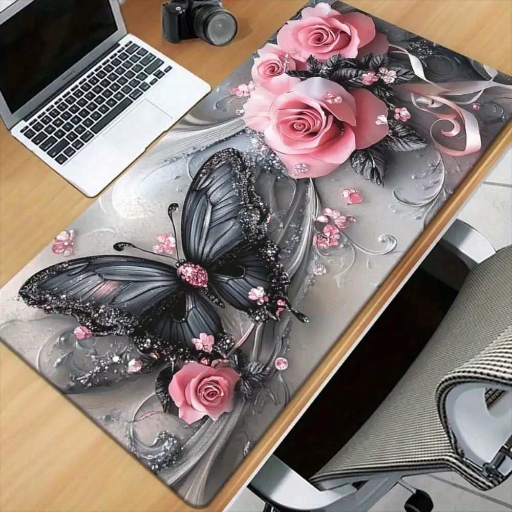 1pc Elegant Gray & Pink Rose With Black Butterfly Desk Pad & Mouse Pad - Thick Non-Slip Rubber Base, Heavy Duty Washable Keyboard Suitable For Office, Home