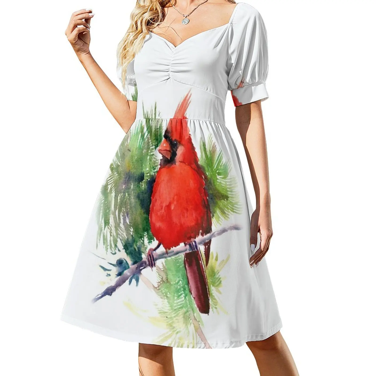 

Red Cardinal Bird Short-Sleeved Dress sexy dress Women's summer suit