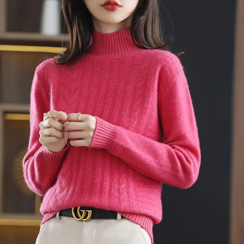 Autumn Winter Thick Cashmere Sweater Women's Half Turtleneck Pullovers Soft Solid Color Knitted Jumper Female Bottoming Shirt