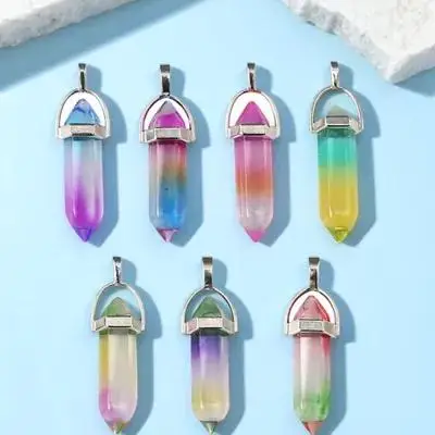 

7pcs Colorful Pendant Gradient Glass Double Pointed Hexagonal Column for Necklace DIY Bracelet Earrings Grandma Gifts Jewelry