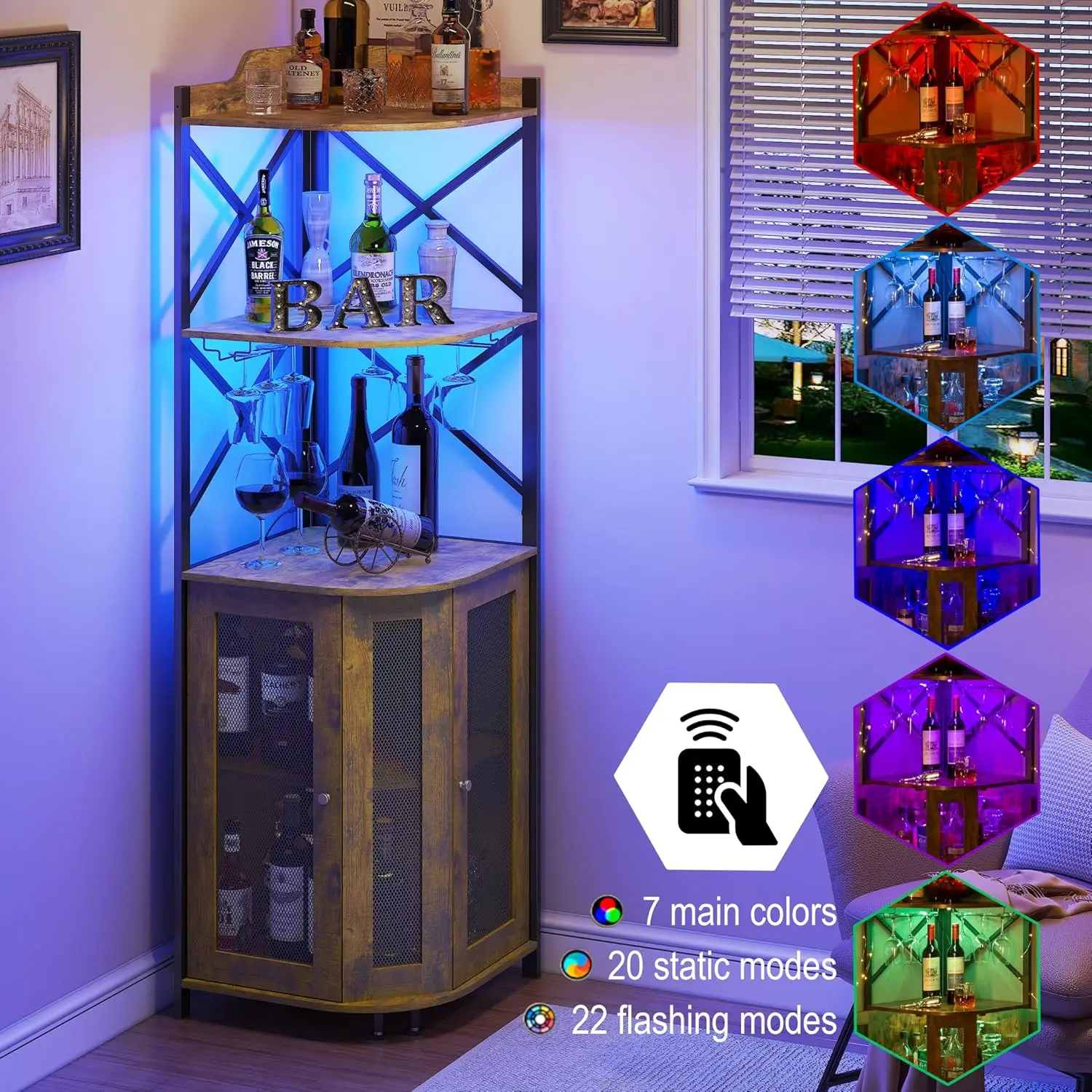 Armário de bar de canto com luzes LED, armário industrial de bar de vinho de 5 camadas com suporte de vidro, armários de bebidas de fazenda com prateleira