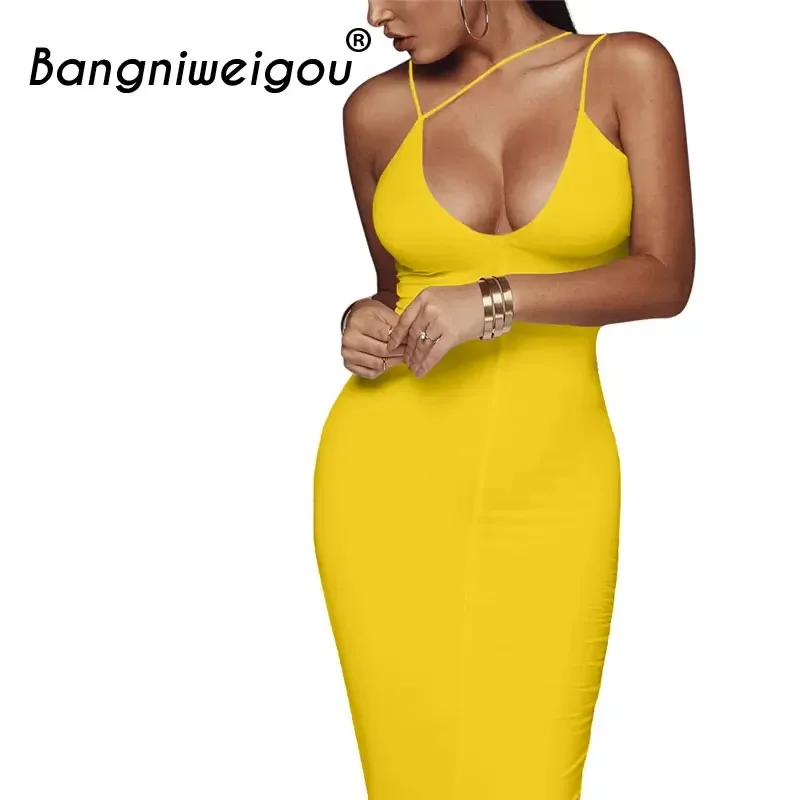 Sexy Night Club Backless Long Dress Yellow Women V Neck Spaghetti Strap Office Bandage Dress Classy Party Red Slim Dress Evening