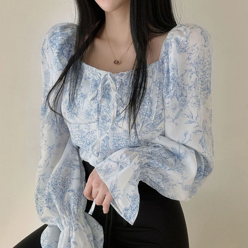 

Chic Gentle Square Collar Shoulder Bared Two Wear Belted Water Ink Print Design Bubble Sleeve Shirt Women's Top Commute Style...