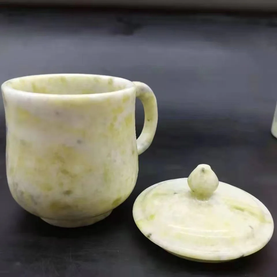 

Чайная чашка из натурального желтого нефрита, натуральная нефритовая кружка с ручкой, чайная посуда Gongfu для здоровья, прямая чашка для чая и крышка, нефритовые чашки