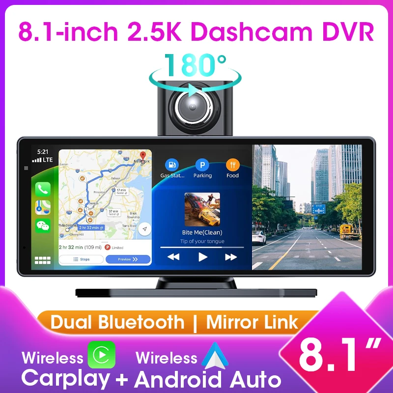 

7/8,1 "беспроводной автомобильный видеорегистратор с экраном Carplay Android Auto 2,5K видеорегистратор 1080P задняя камера навигация видеорегистратор на приборной панели