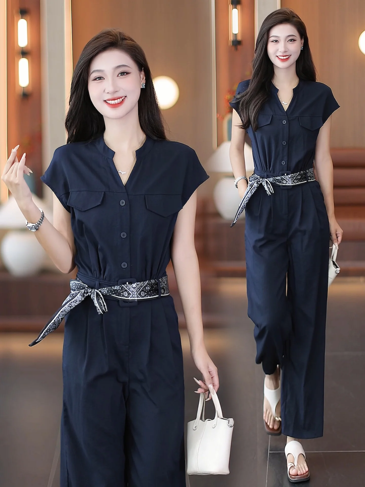 ファイオナブル レディース スーツセット スリム ワンピースパンツ Vネック ロングパンツ ボタン留め エレガント 夏服