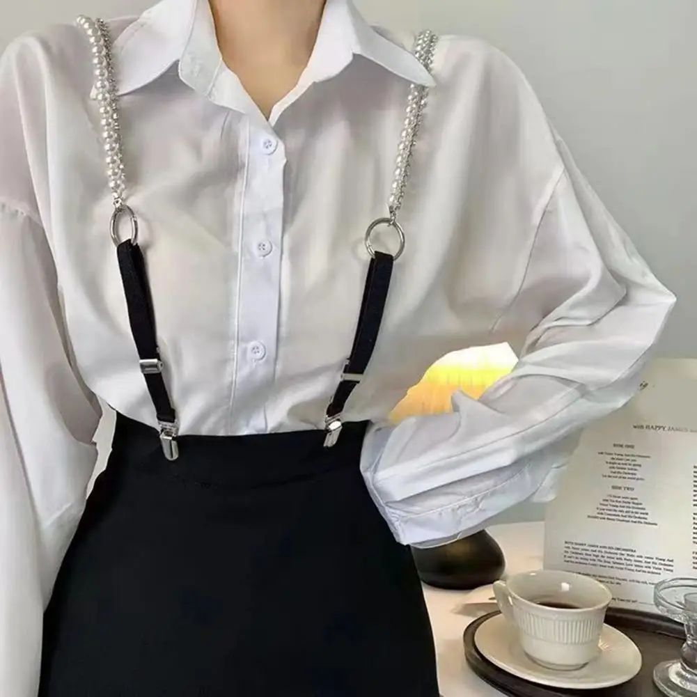 

Women Suspender Belt Faux Pearl Shirt Decor Duck-Mouth Clip Back Strap Outwear Clothes Strap Chain Jewelry Suspender Strap Clip