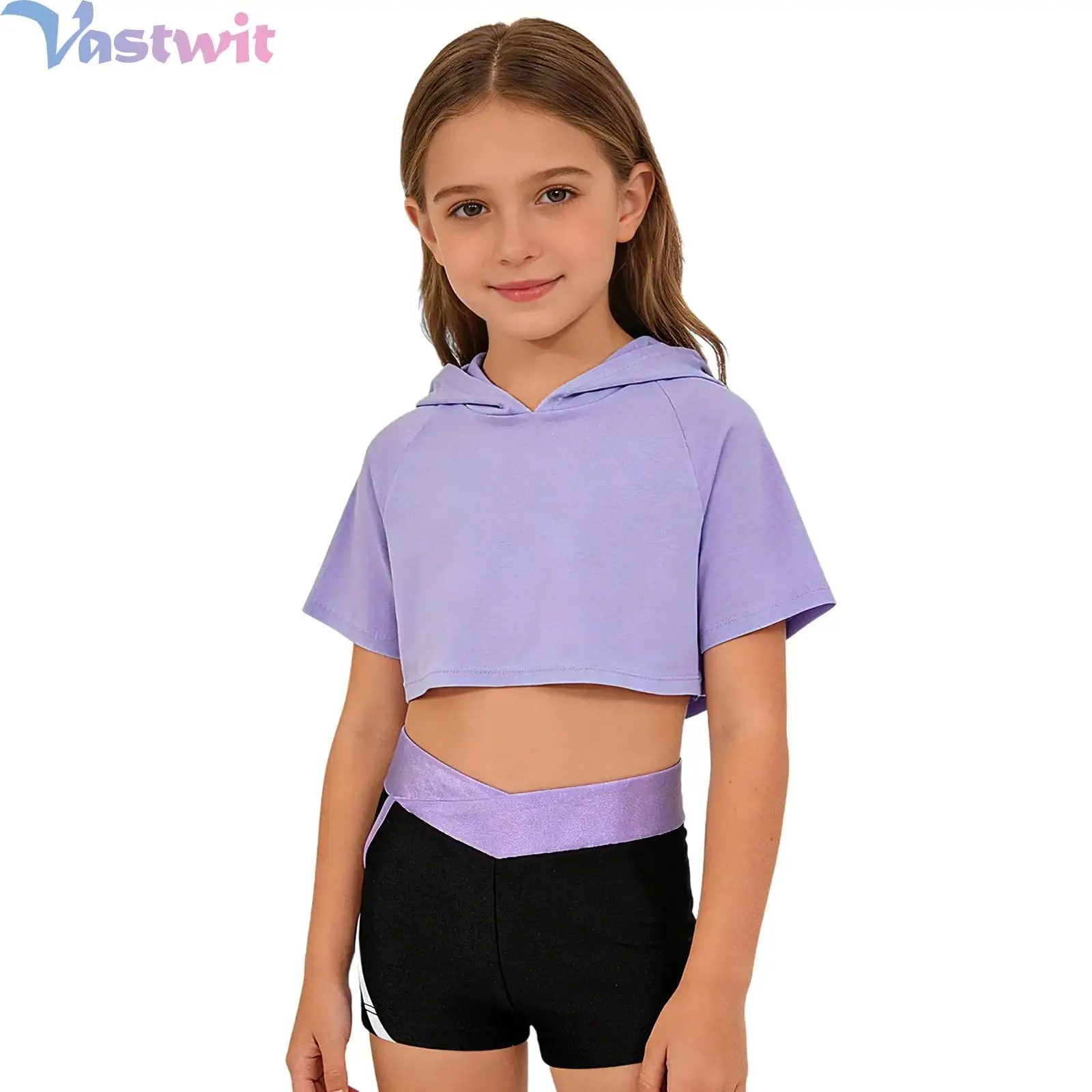 3Pcs/Set Kids Girls Sports Set Tracksuit Cross Back Keyhole Back Vest Short Sleeve Hooded Crop Top V-front Waistband Shorts