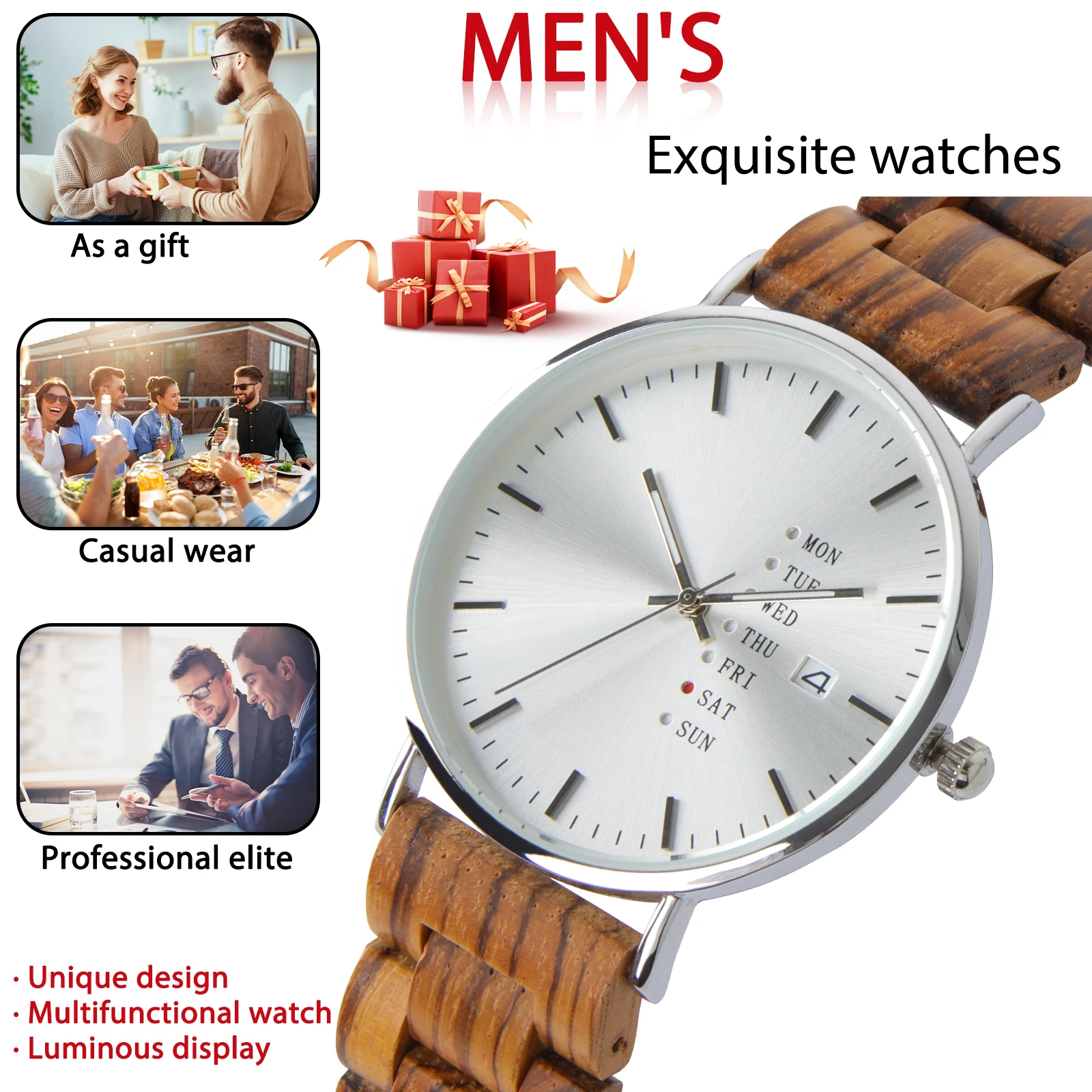 kitykiss  handmade natural zebra wood quartz watch fashion casual couple style calendar waterproof week display wood table gifts