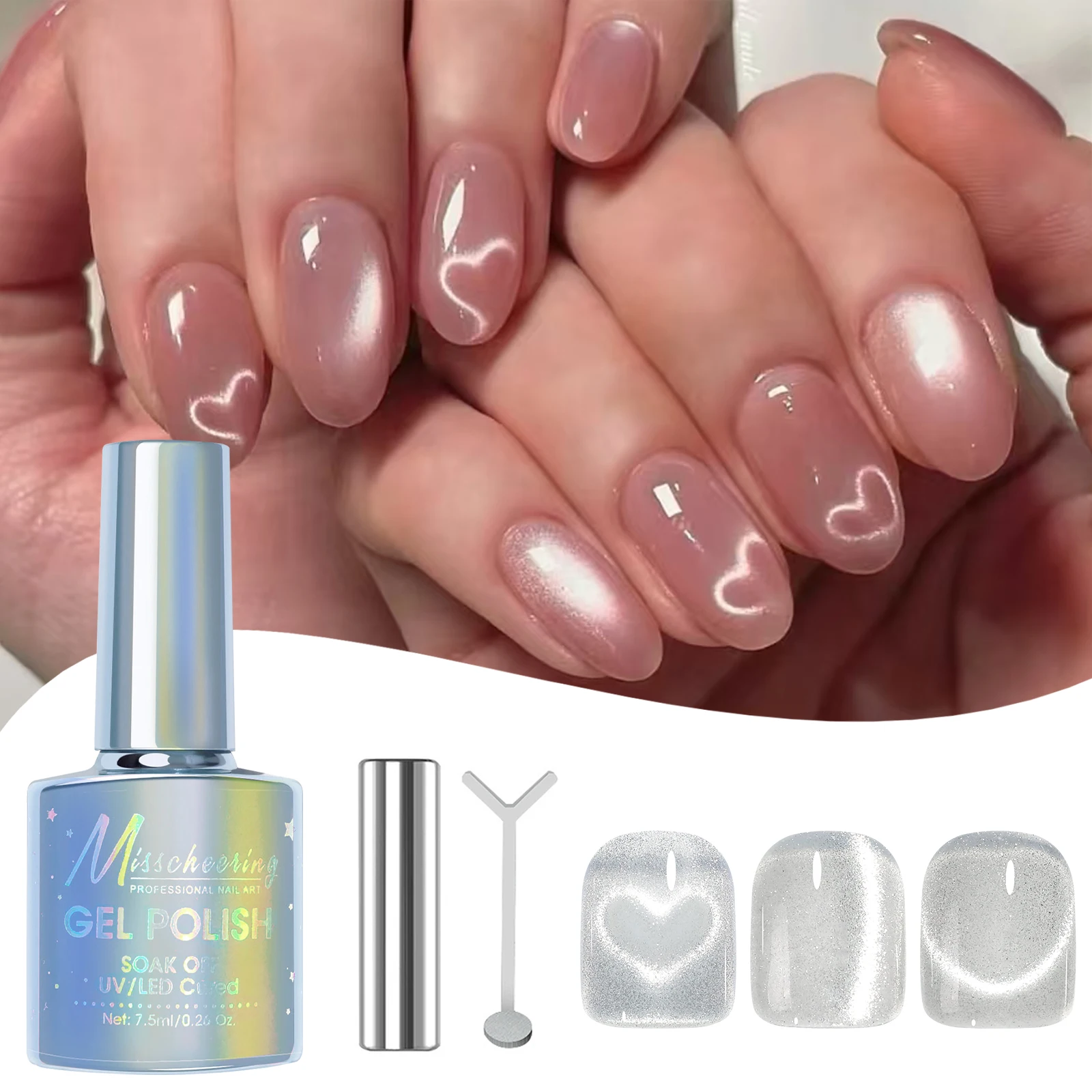 

7.5ml Silver Water Gloss Cat Eye Tape Love Magnet Set UV/LED Super Bright Long-lasting Nail Art Gel Suitable for DIY Nail Salon