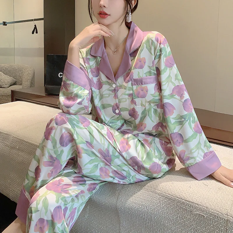 New Two-Piece Pajamas Female Spring And Autumn Summer Maternity Ice Silk Home Wear Monthly Clothing Breastfeeding Pajamas