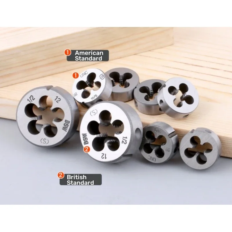 1 قطعة أداة يموت الخيط Unef 1/2 1/4 3/8 5/16 4 # 6 # 8 # 10 #   1/8 3/16 5/32 UNC & BSW اليد الحنفية جولة يموت قطع المسمار يموت آلة التوصيل الحنفية أداة
