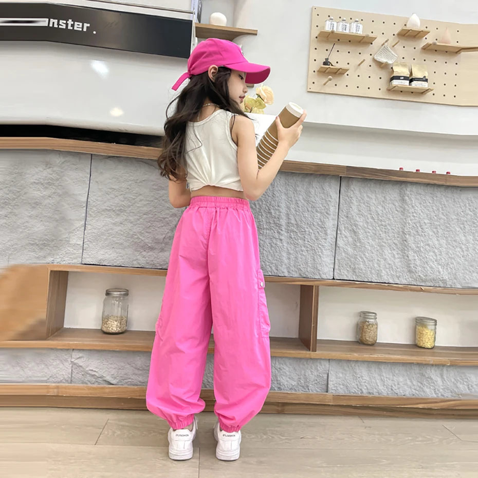 Girls Cargo Pants Solid Color Trousers Girl Spring Autumn Children Trousers Casual Style Girl Clothes 6 8 10 12 14