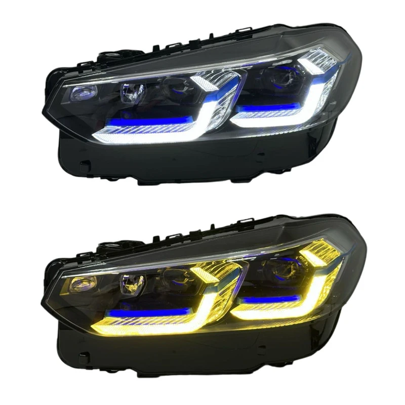 

Фара в сборе для BMW X3 2022-2024 (G01, G08) с синей подсветкой, двойной L-образной линзой и LED-подсветкой поворотов