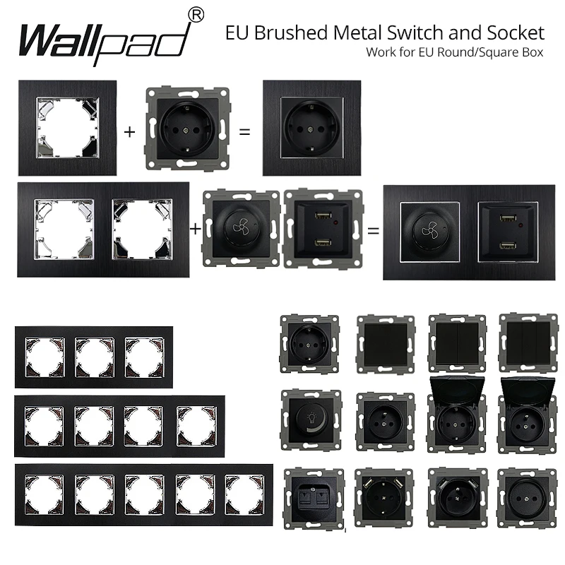 Euro USB Type-C Socket Black Matte Metal Panel Double Triple Electrical Wall SocketS EU Type A+C Outlet with Cap Cover Round Box