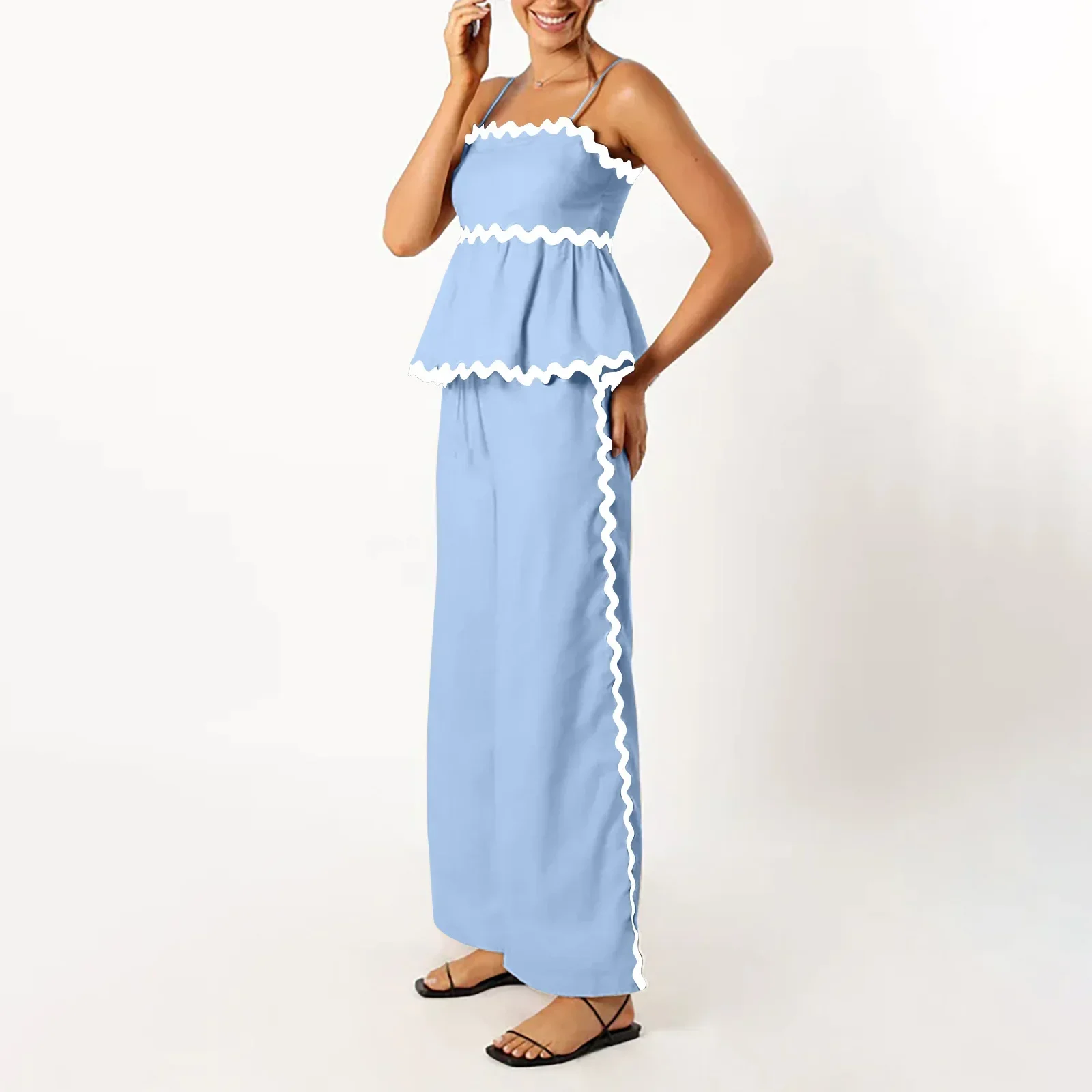 

Ruffle Sling Top Two Piece Set Women Elegant Stripe Sleeveless Tops Wide Leg Pants Female Suit Summer High Waist Pants Suits Y2k