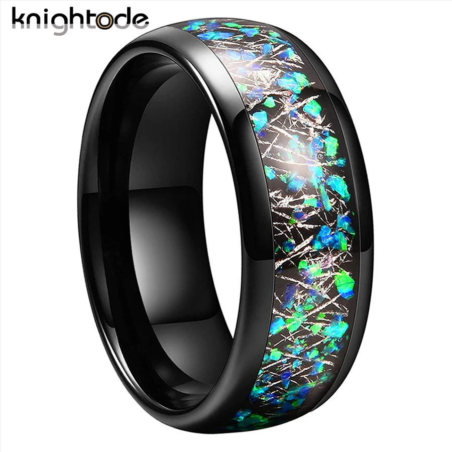 8mm Wedding Band Tungsten Carbide Rings For Men Women Nice Trendy Jewelry Opal And Meteorite Inlay Dome Polished Comfort Fit