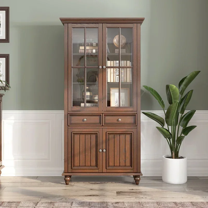 TAO Country Solid Wood Bookcase With Door Floor Ash Wood Study Retro Three-Door Four-Door Bookcase Furniture