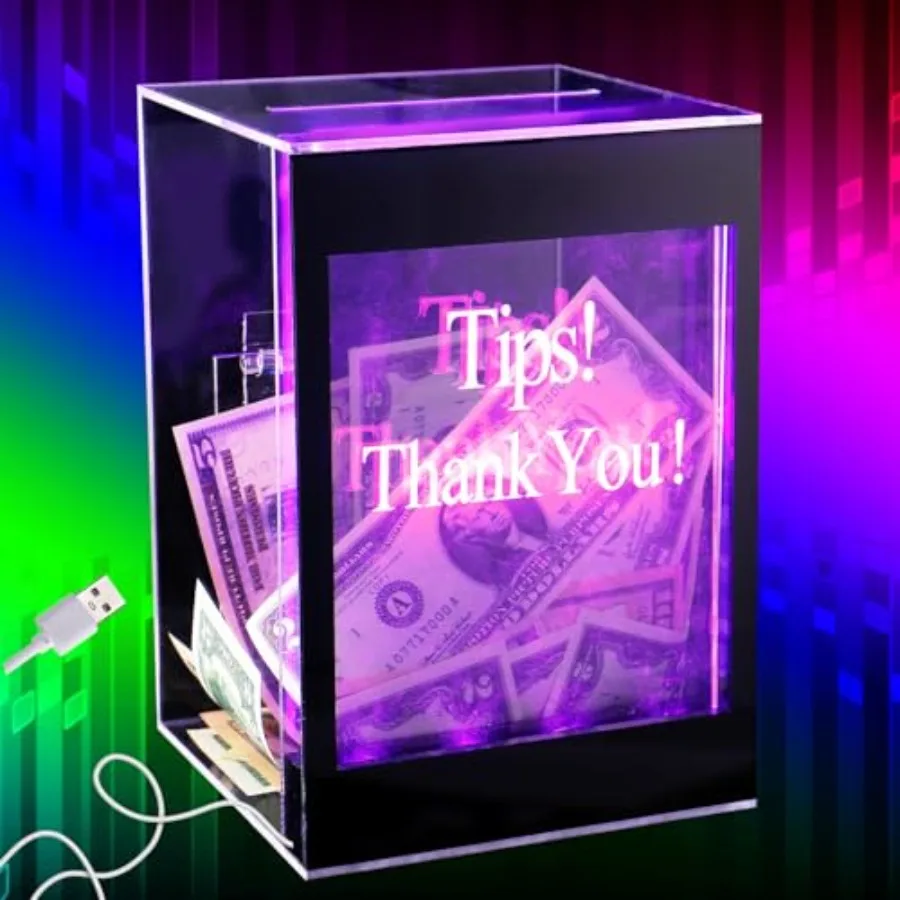 

Light Up Acrylic Donation Ballot Box - 20 Colors Changing Tip Jar for Money with Re-mote Lock Key and Sign Holder- Raffle Sugge