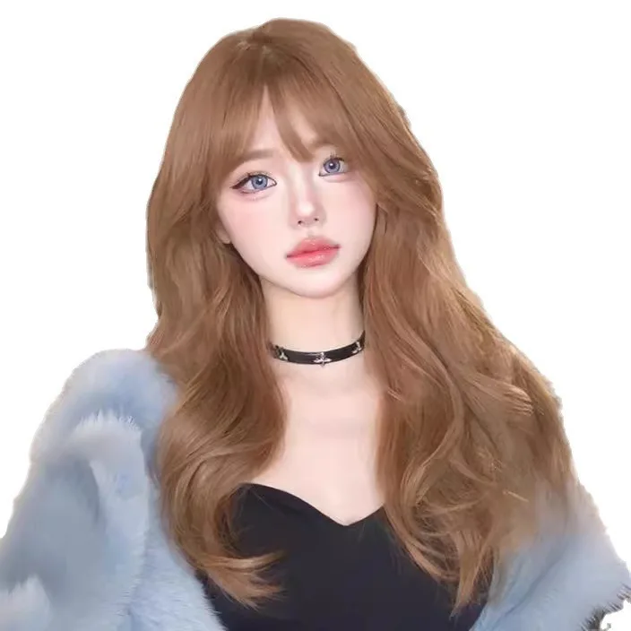 Daily Wear Suitable For Round Faces Featuring Long Wavy Hair With Big Curls A Korean Style And Air Bangs With Water Ripple-like