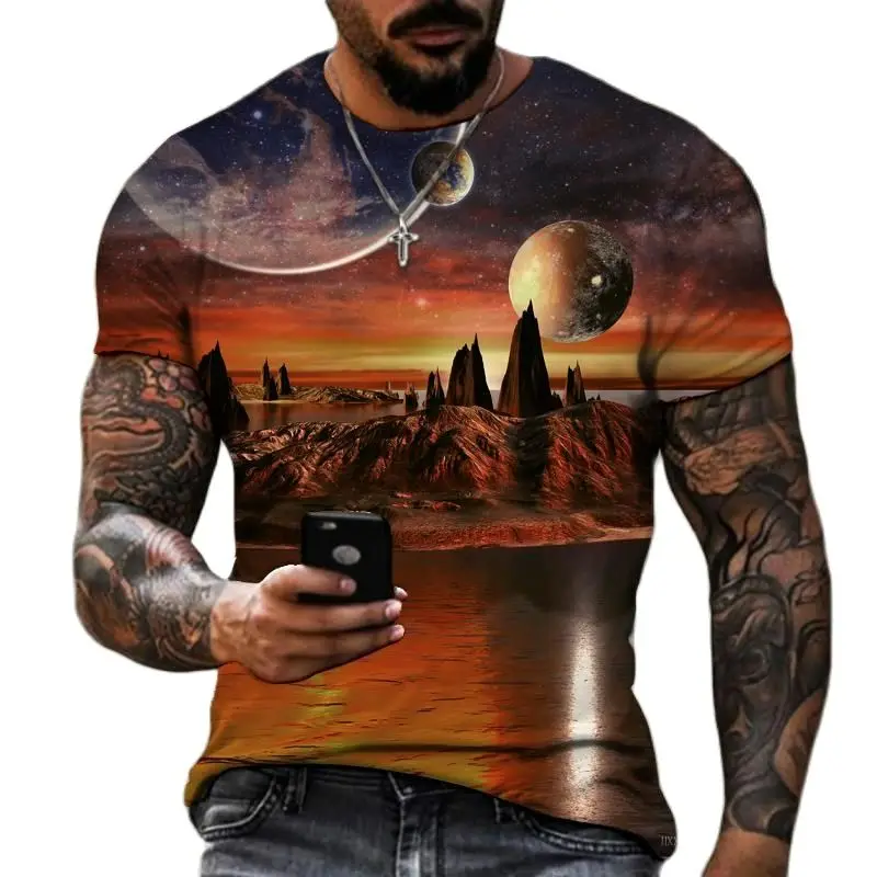 Cosmic Galaxy Space Natural Landscape 3D Printed Summer Science Fiction Romantic Crewneck Short Sleeve Men\'s T-shirt Fashion Top