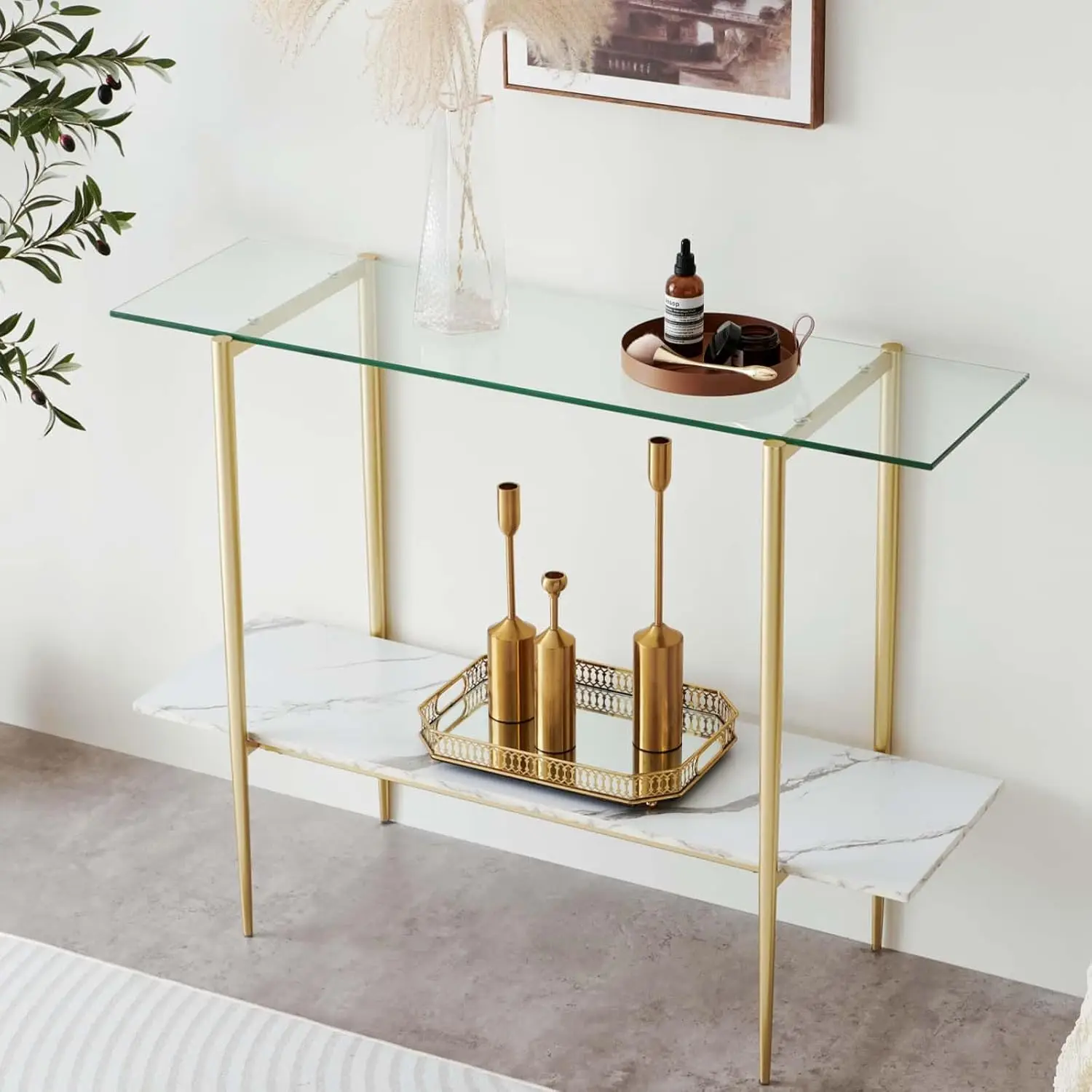 

Современный стеклянный консольный стол с полкой из белого мрамора и золотой рамой для гостиной