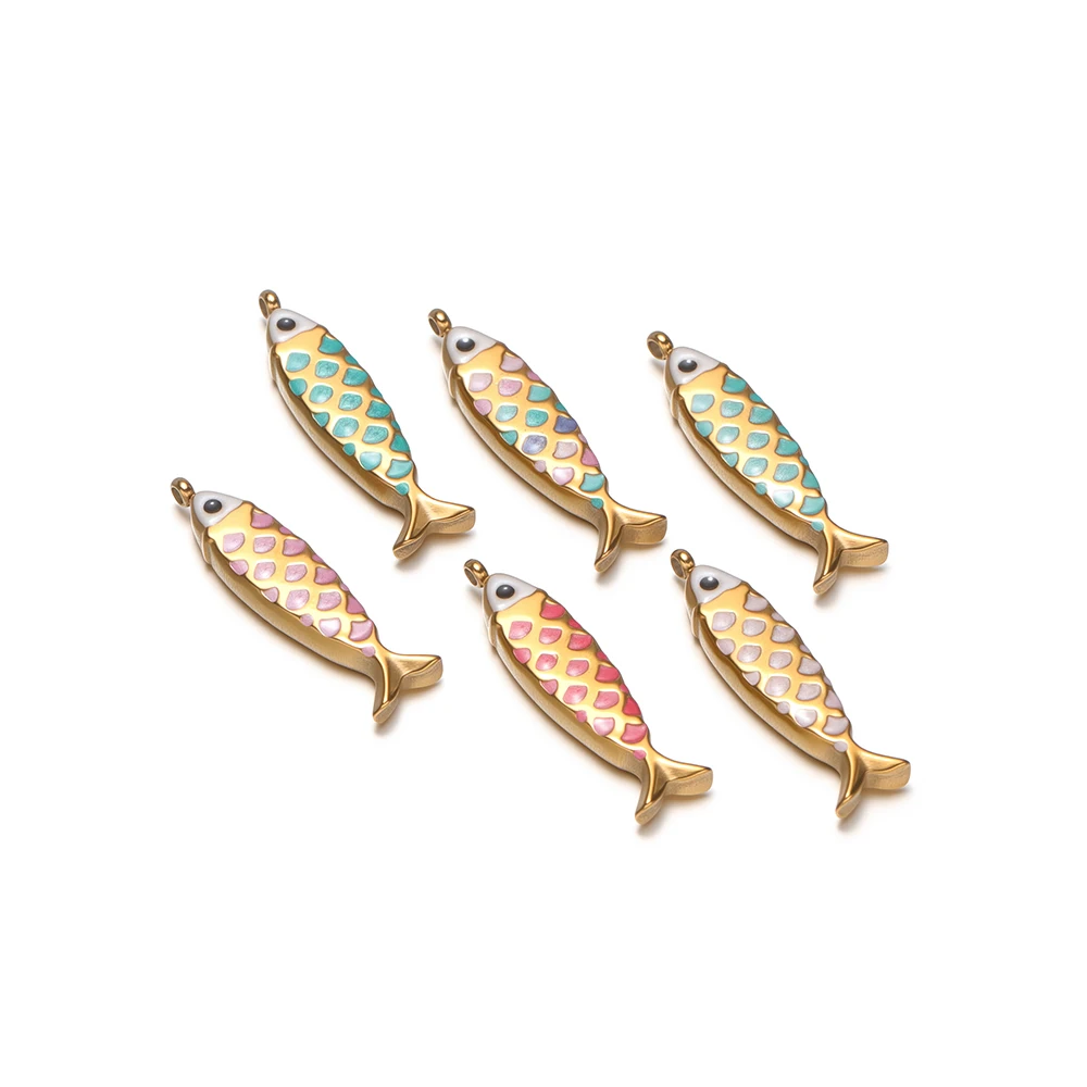 5 Stück Edelstahl-Anhänger mit massiver Emaille in Fischform, 18k vergoldet, für DIY-Schmuckherstellung von Halsketten, Ohrringen und Armbändern. – Detail 5