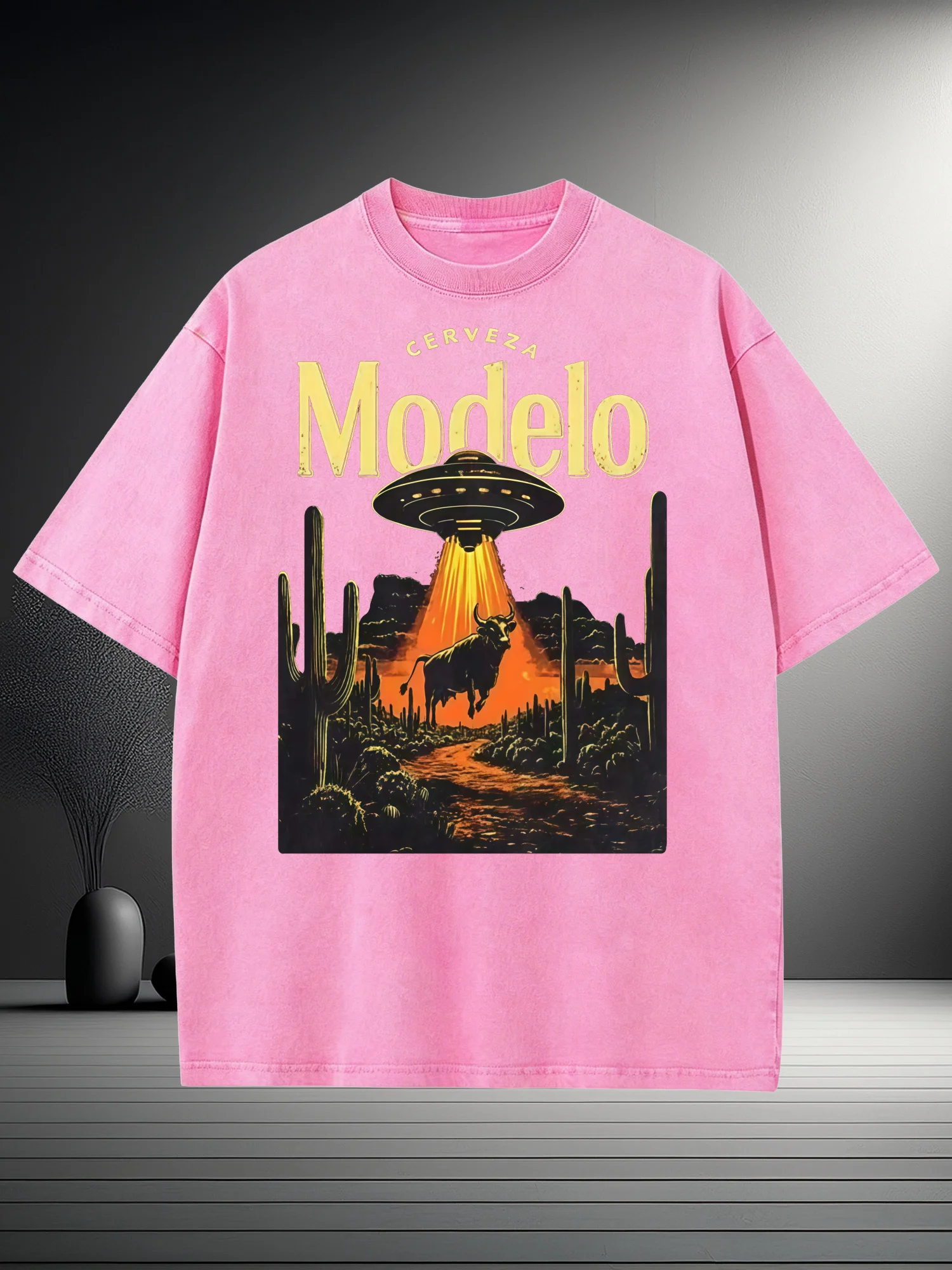 New Style Washed Tshirt : Retro Cosmic Escape: Cerveza Modelo Desert Adventure Tee - 100% Cotton Comfortable Fashion Style