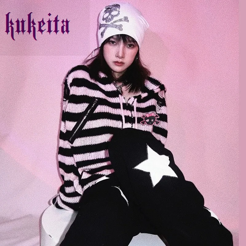 Women Sweater Harajuku Gothic Girl Skull Striped Knitted Sweater Punk Rock Zipper Loose Hooded Short Cardigan Chic Streetwear