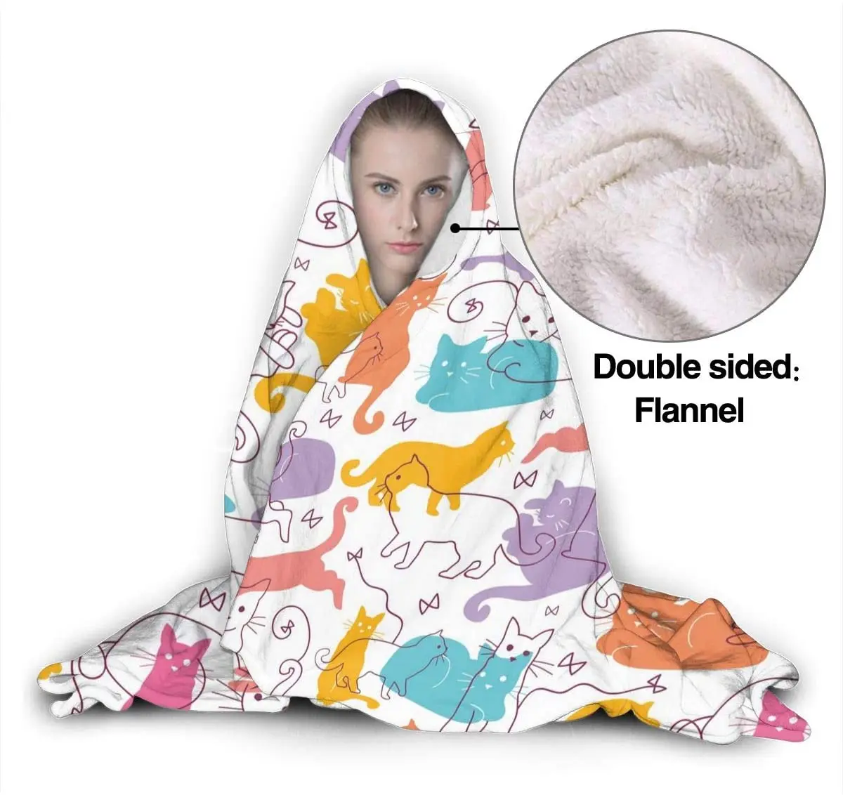 Cute Colorful Cat Hooded Blanket Anti-Pilling Flannel Wearable Blanket Hoodie-Plush Warm Throw Blankets for Kids Adults Teens