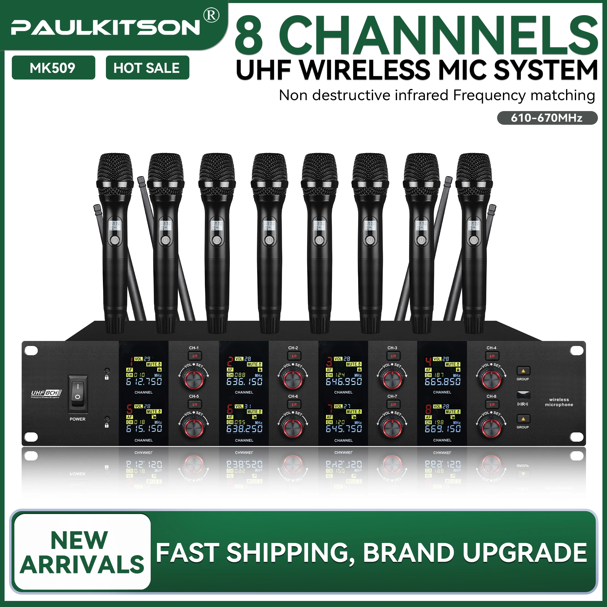 Paulkitson MK509 Drahtloses Mikrofonsystem, 8-Kanal, UHF, 610–670 MHz, Infrarot-Synchronisation, professionelles Handmikrofon für Bühnen- und Konferenzanwendungen.