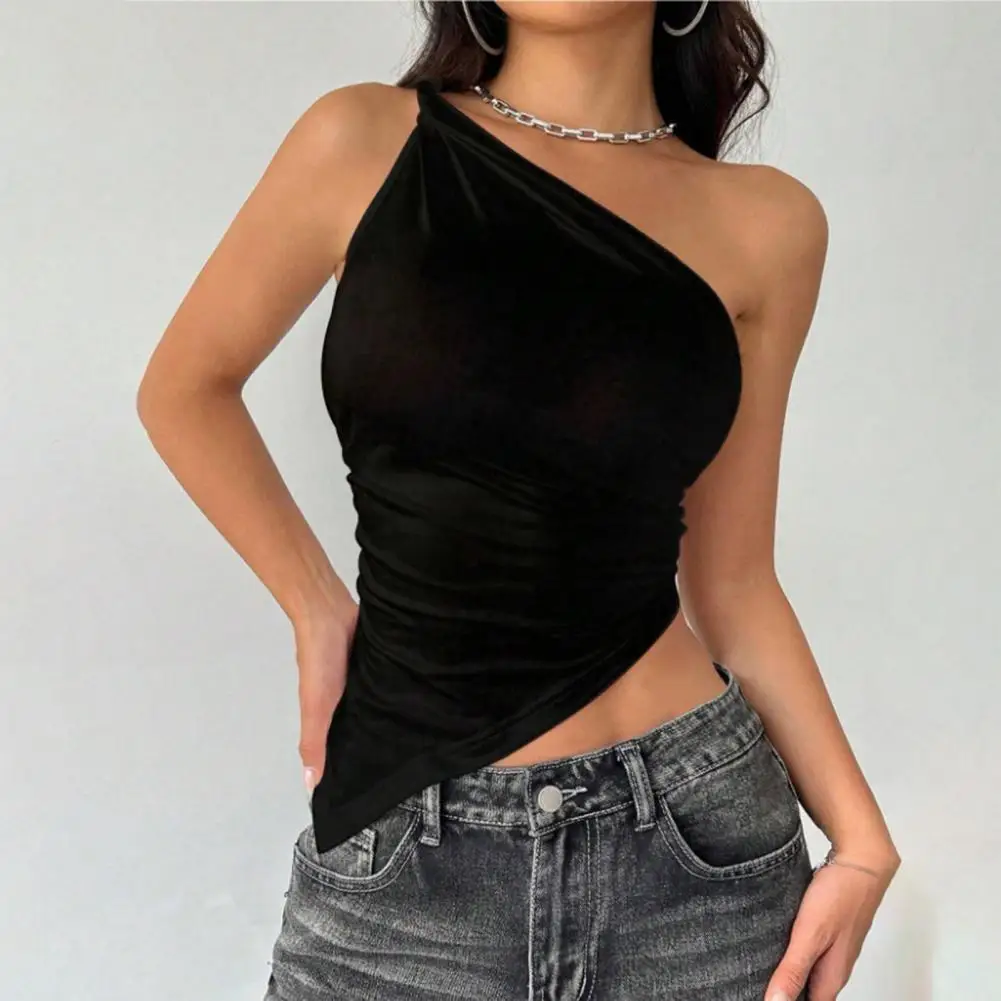 2025 New Fashionable Casual Women's T-Shirt Solid Color Single Shoulder Asymmetrical Slim Fit Top One-Piece Neck