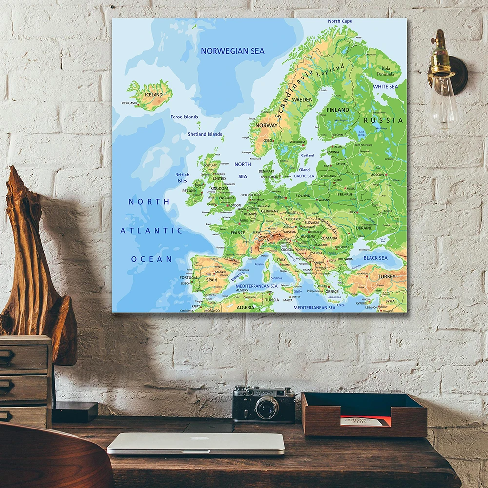 Peinture sur toile non tissée de la carte du terrain de l'Europe en anglais, grande affiche murale, décoration de chambre, fournitures scolaires, irritation, 150x150cm