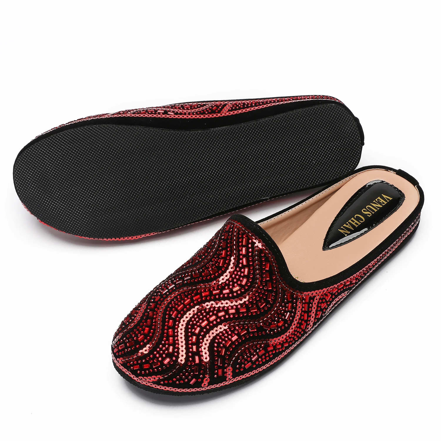 Woman Fashion Comfortable Party Slippers Nigeria Red Color Half Shoes Elegant Flat Shoes for  2025 Latest Design