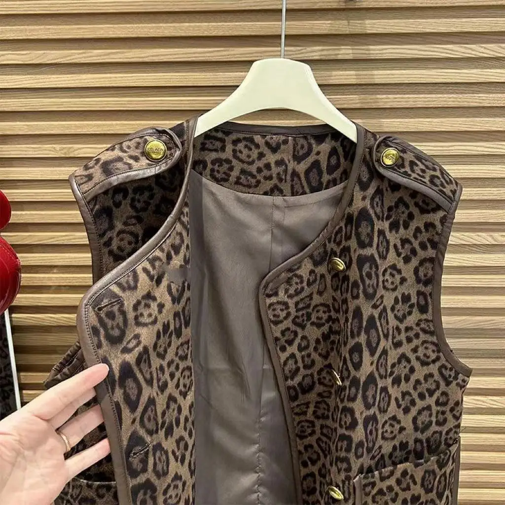 Female Autumn Spring Coat Tops Vest Double-breasted Leopard Retro Simple Loose Design Fashion Senior Soft Minority Versatile New